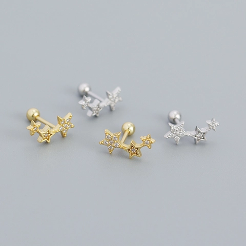 925 Sterling Silver Star Stud Earrings For Women CZ Triple Star Screw Back Geometric Cartilage Piercing Jewelry