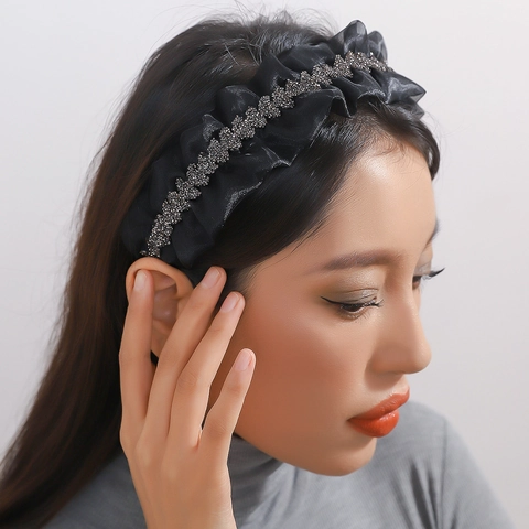 Diadema Ancha De Malla Plisada Con Pedrería Diadema De Moda Acolchada De Copa Alta Para Mujeres