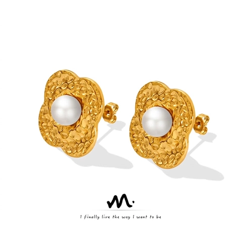 French Vintage Titanium Steel Hammered Floral Stud Earrings For Women Plated Gold Artificial Pearl Geometric Round Ear Studs Jewelry Gift