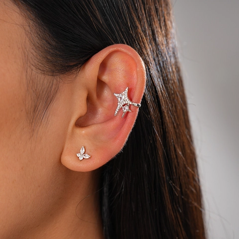 Zirkon Stern Ohrmanschette Clip Ohne Loch Kupfer Ohrringe Für Frauen Minimalistisch Silberton Eleganter Schmuck