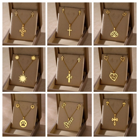 Stainless Steel Necklace And Earrings Gold Plated Multiple Shapes Design For Women Elegant Daily Wear