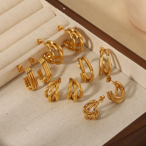 Boucles D'oreilles Créoles En C Acier Titane Plaqué Or 18K Double Triple Ligne Géométrique Minimaliste Pour Femmes