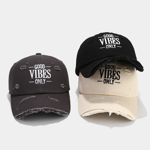 Distressed Baseball Cap Cotton Vintage Ripped Peaked Hat Good Vibes Only Embroidery Adjustable Sun Protection Unisex