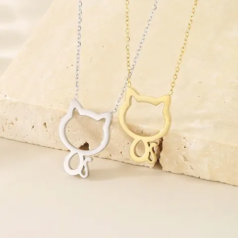 Collar Sencillo De Acero Inoxidable Con Colgante De Gato Calado Elegante Cadena De Clavícula De Gatito Para Mujer