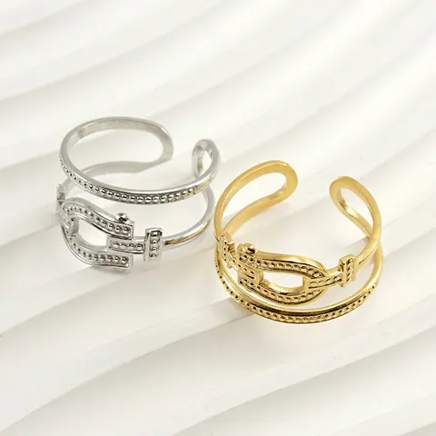 Horsebit Belt Buckle Open Ring 18K Gold Plated Stainless Steel Double Layer Dotted Texture Minimalist Jewelry For Women