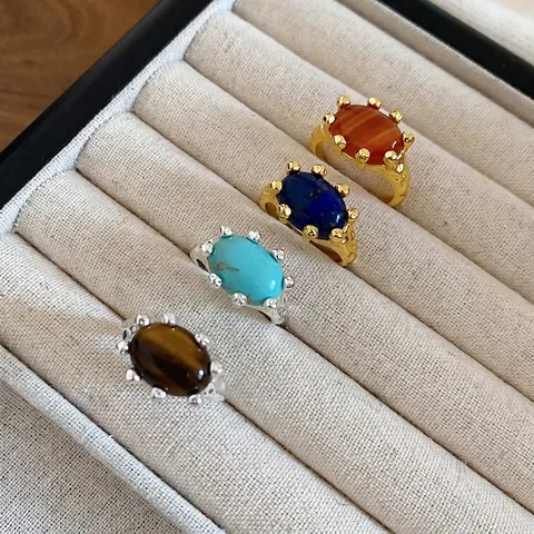 Vintage Adjustable Open Ring With Oval Natural Stone Copper Gold Plated Bohemian Retro Style Jewelry For Women