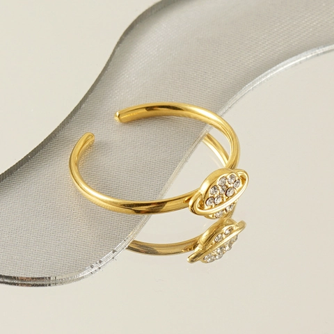 Planet Design Adjustable Ring Gold Plated Stainless Steel Rhinestone Inlaid For Women Trendy Fashion Jewelry Celestial Gift