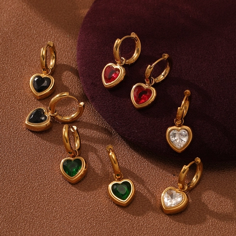 Pendientes De Gota De Corazón Chapado En Oro Acero Inoxidable Zirconia Colorido Huggie Para Mujeres Estilo De Moda