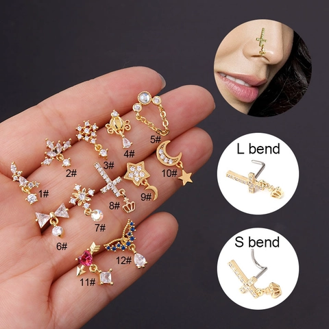 Zircon Dangle Nose Studs Stainless Steel L-Bend Piercing Jewelry For Women Cross Heart Pendant Nose Rings