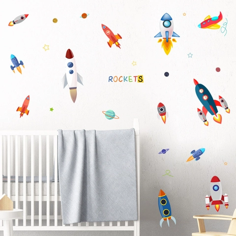Cartoon Ruimte Raket Planeten Sterren Wandsticker Voor Kinderkamer Slaapkamer Kleuterschool PVC Verwijderbare DIY Decoratie Sticker