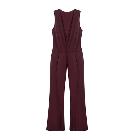 Damen Ärmelloser Jumpsuit Reißverschluss Vorne V Ausschnitt Schlanke Passform Gerades Bein Fleecegefüttert Thermisch Burgund