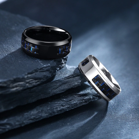 Anello Da Uomo Acciaio Inossidabile Intarsio In Fibra Di Carbonio Blu Incisione Laser Gioielli Stile Punk Regalo