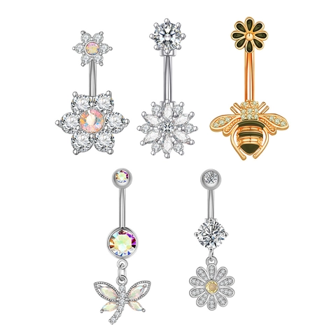 Piercing Nombril Acier Inoxydable 316L Zircon Bijoux Pour Femmes Fleur Abeille Libellule Flocon De Neige Navel Stud