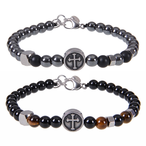 Bracciale Di Perline In Pietra Naturale Con Ciondolo A Croce In Acciaio Inossidabile Ossidiana Occhio Di Tigre Gioielli Regolabili Uomo Unisex Stile Retro