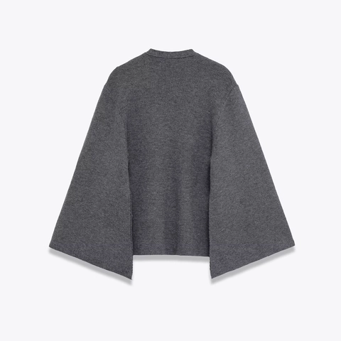 Knitted Cardigan Round Neck Single Button Flare Sleeve Waist Tie Elegant Grey Women Polyester Spandex Top