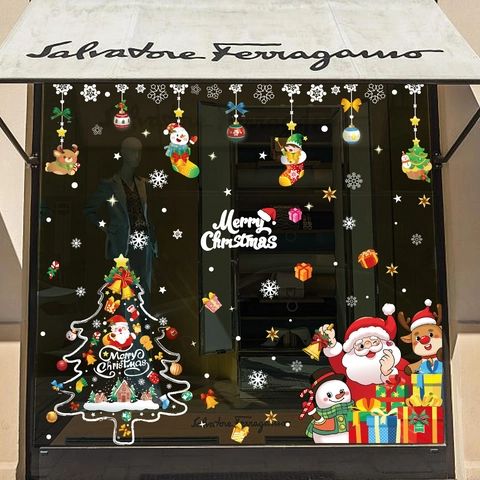 Christmas Window Stickers PVC Static Cling Reusable Glass Door Decoration Cartoon Santa Reindeer Snowflake Festive Decor