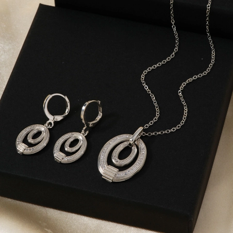 Vintage Copper Rhinestone Jewelry Set For Women Double Oval Pendant Necklace And Earrings Gold Silver Plated Fashion Accessory
