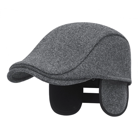 Men Winter Ivy Cap Woolen Flat Cap With Foldable Earmuffs Fleece Lined Warm Windproof Outdoor Retro British Style