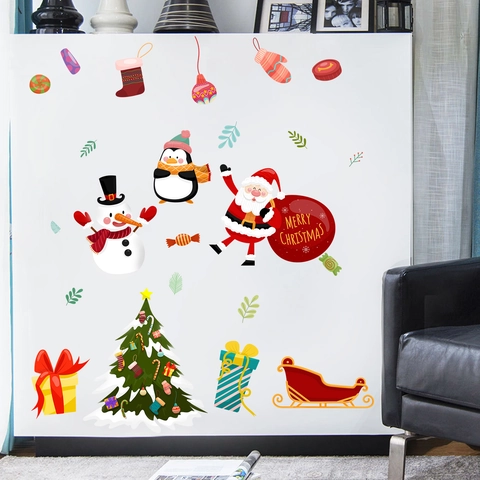 Weihnachten Wandsticker Set PVC Cartoon Weihnachtsmann Schneemann Pinguin Schlitten Festive Aufkleber Für Schlafzimmer
