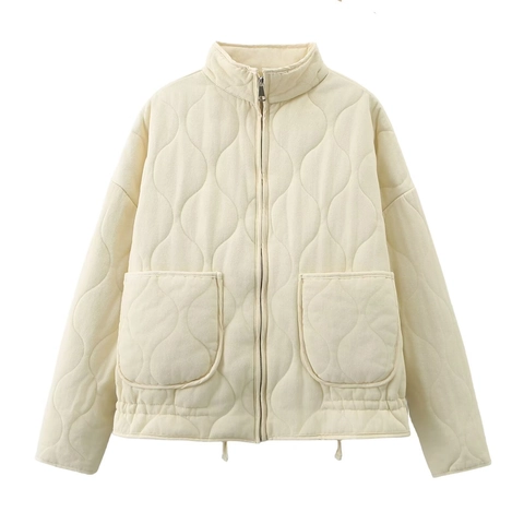 Women Quilted Padded Jacket Stand Collar Zipper Warm Outerwear Large Pockets Solid Color Casual Polyester Cotton Coat