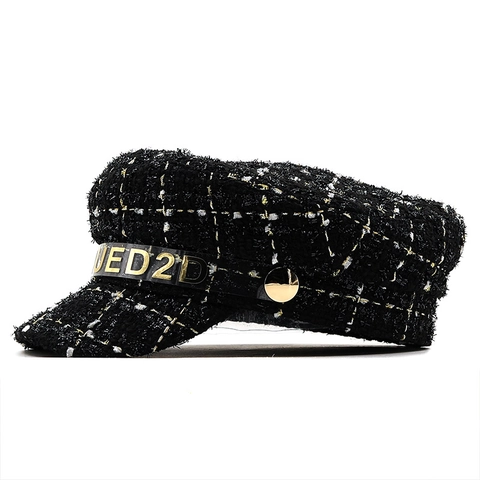 Vintage Tweed Schirmmütze Für Damen Mit Buchstabenband Und Metallknopf Retro Elegante Baker Boy Mütze