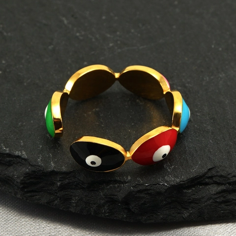 Evil Eye Offener Ring Edelstahl 18K Vergoldet Bunte Emaille Verstellbarer Boho Modeschmuck Für Damen Herren