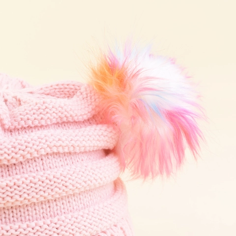 Kids Knitted Beanie Hat With Double Colorful Gradient Faux Fur Pom Poms Warm Winter Acrylic Cap For Toddler Girls