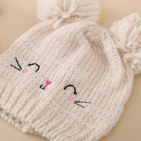 Baby Girl Knitted Hat And Scarf Winter Warm Acrylic Silver Thread Glitter Cute Cat Embroidery Double Pom Poms