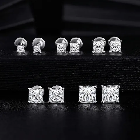 Copper Zirconia Stud Earrings Set For Women Fashion Square Round Geometric Prongs Electroplated Jewelry Daily Party Gift