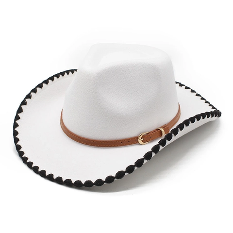 Western Cowboy Hat Woolen Felt With Leather Belt Metal Buckle Whipstitch Edge Fedora Outdoor Retro Unisex Sun Hat