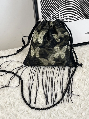Vintage Chinese Style Crossbody Bag Gold Butterfly Embroidery Tassel Decor Bead Chain Strap Drawstring Closure For Women