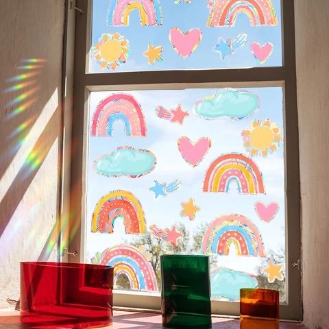 Suncatcher Window Stickers Prism Effect Static Cling PVC Rainbow Maker Heart Cloud For Glass Surfaces Home Decor