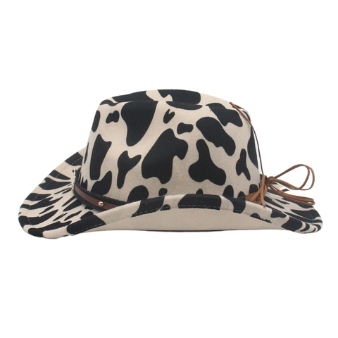 Cappello Da Cowboy Stampa Mucca Feltro Fedora Con Fascia Ecopelle Testa Toro Metallo Borchie Accessorio Moda