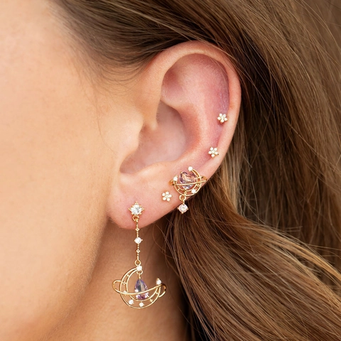 Set Orecchini in Rame a Stella Luna Pianeta Cuore Con Perno in Argento Sterling 925 Zirconia Rosa Bianco Donna Gioielli Moda