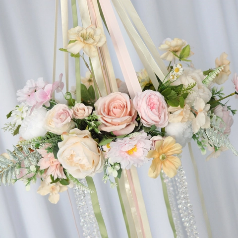 Artificial Rose Peony Hanging Floral Ornament With Satin Ribbons And Crystal Beads For Wedding Party Home Decoration