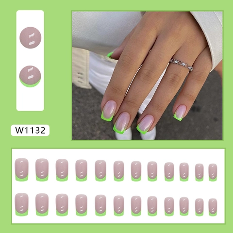Green French Tip Press On Nails Medium Long Square Fake Nails Nude Pink Base For Women Fashion DIY Nail Art Set W1132