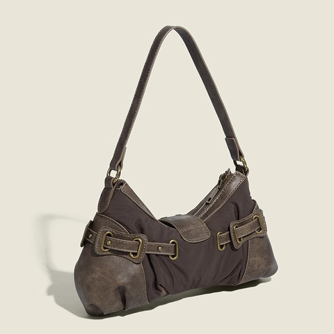 Vintage Underarm Shoulder Bag For Women Nylon PU Leather Rivet Buckle Y2K Baguette Crescent Handbag Brown