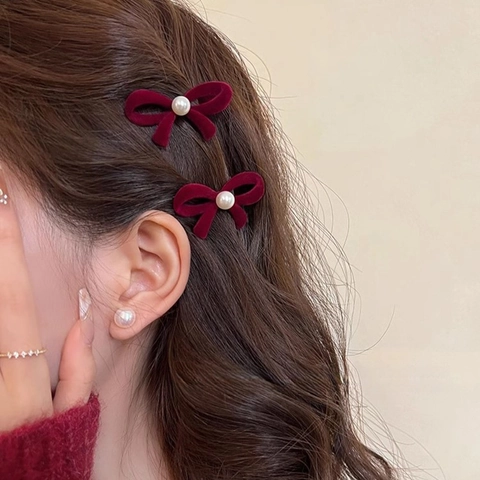 Velvet Flocking Bow Hair Clips Faux Artificial Pearl Retro Sweet French Style Elegant Alloy Headwear Duckbill And Claw Clips For Women