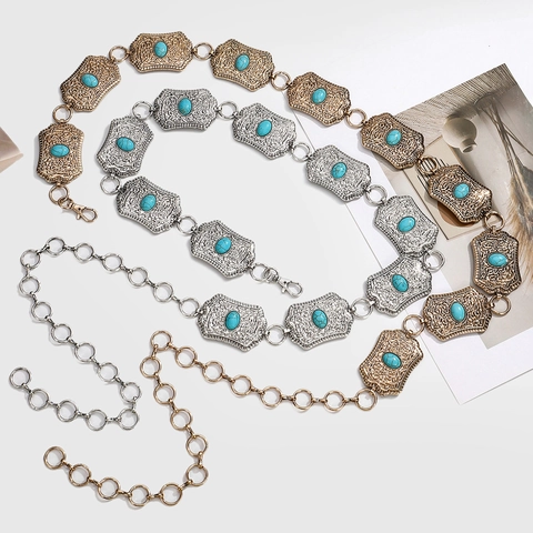 Catena a Vita Bohemien Vintage in Metallo con Turchese per Donna Cintura a Maglie Intagliata Regolabile Oro Argento Turchese