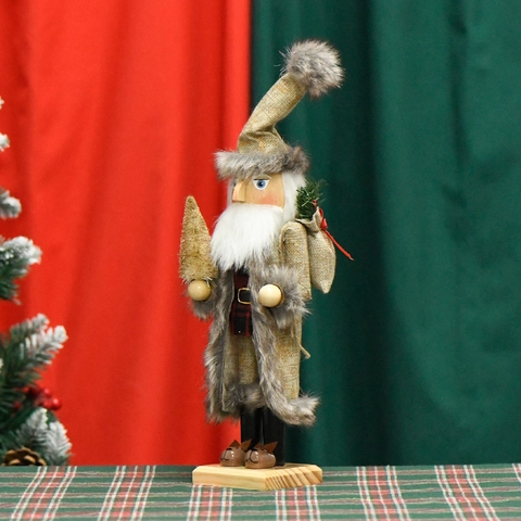 Casse-Noisette Père Noël Ornement En Bois Peint À La Main Lin Fausse Fourrure Figurine Debout Décor De Table Noël
