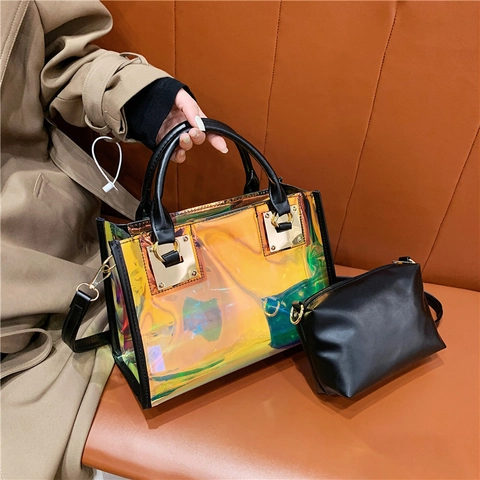 Women Holographic Laser Transparent PVC Tote Handbag Large Capacity Two-in-One Shoulder Crossbody Bag Fashion Neon Beach Purse
