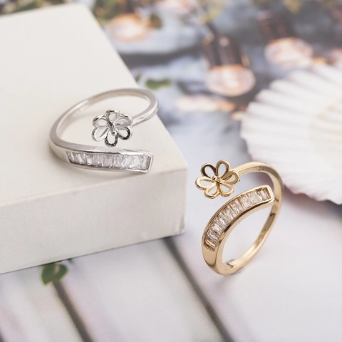 Kupfer Zirkon Offener Verstellbarer Ring Geometrische Blume Baguette Schliff Minimalistisch Mode Schmuck Für Damen