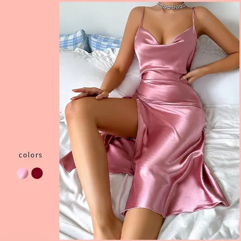 Satin Nachthemd Damen Wasserfallausschnitt Spaghettiträger Nachtwäsche Seitenschlitz Rückenfrei Hauskleid KunstSatin