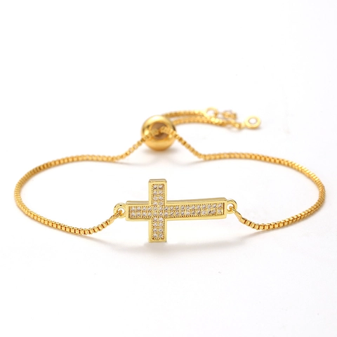 Cross Bracelet For Women Copper Cubic Zirconia Micro Pave Adjustable Box Chain Bolo Clasp Elegant Fashion Jewelry