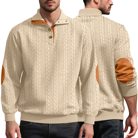 Felpa Henley Da Uomo Maglia Jacquard Collo Alto Pullover Maniche Lunghe Con Toppe Sui Gomiti A Contrasto Casual Vintage Top