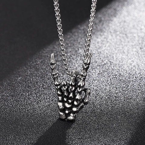 Ciondolo Mano Di Scheletro Gesto Rock Con Piedra Occhio Di Tigre Gialla Gioielli In Acciaio Inossidabile Gotico Vintage Per Uomo Stile Punk