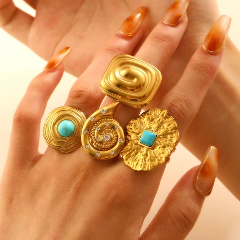 Oversized Statement Ring Gold Plated Stainless Steel Flower Heart Sun Shell Adjustable Bohemia Jewelry For Women