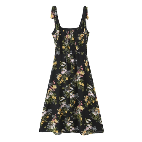 Floral Print Camisole Dress Polyester Square Neck Tie Straps Smocked Back Side Slit Sexy Summer Sleeveless For Women