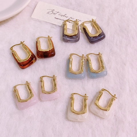 Vintage Geometric U-Shaped Hoop Earrings Copper Gold Plated Marble Texture Resin Elegant Jewelry For Women