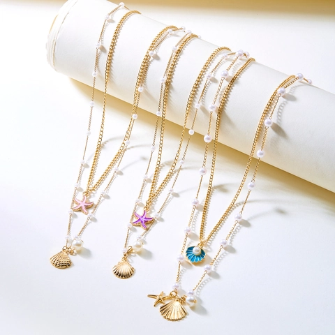 Double Layer Pendant Necklace Gold Plated Alloy With Shell Starfish And Imitation Artificial Pearl Ocean Beach Style For Women